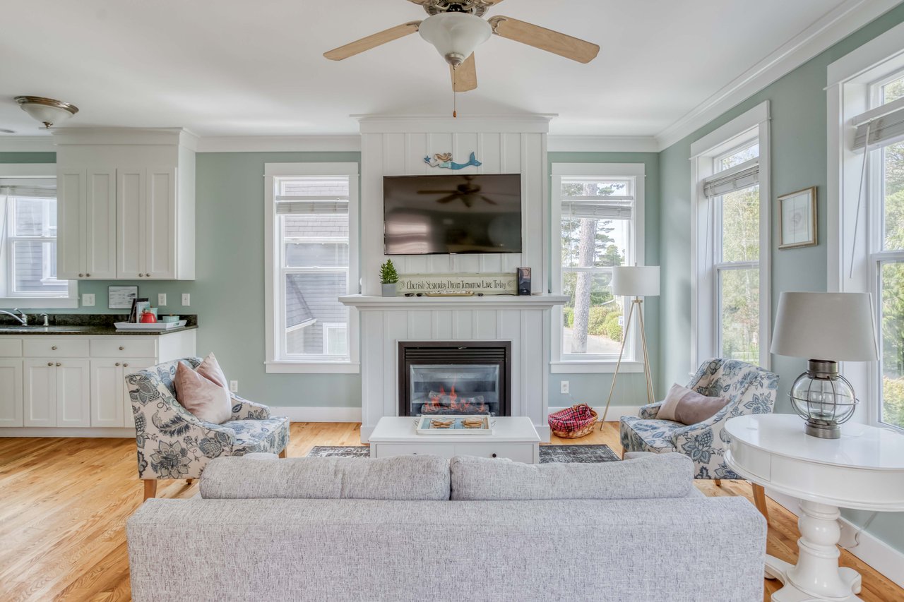 Living room with seating and vibrant accents