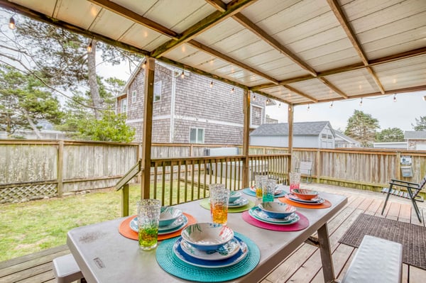 Backyard seating with Hot Tub in view