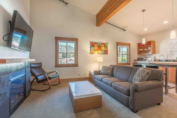 Living Room with Gas Fireplace, TV and Sleeper Sofa.